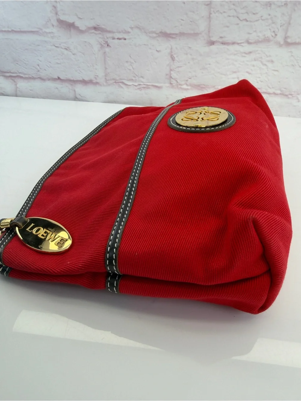Loewe Red Cosmetic Pouch with Gold Emblem